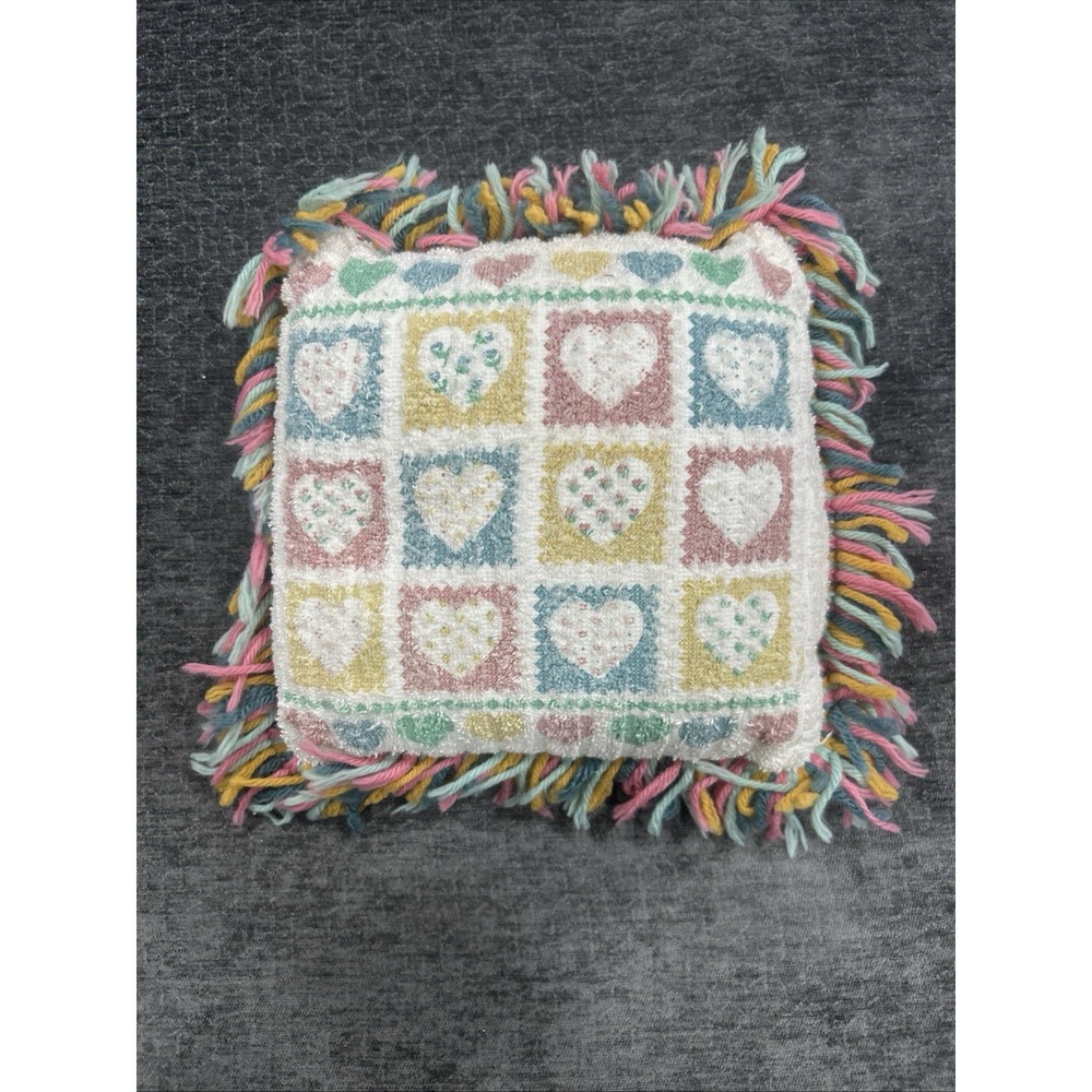 Vintage Chenille Pastel Heart Throw Pillow Fringe Cottagecore Double Sided